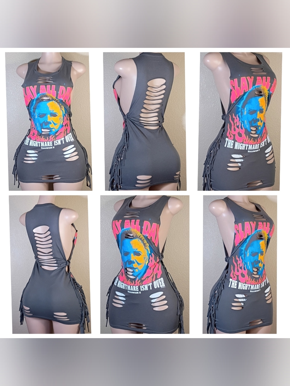 Custom Distressed Graphic Fringe Tank Dress in Charcoal with Neon Print